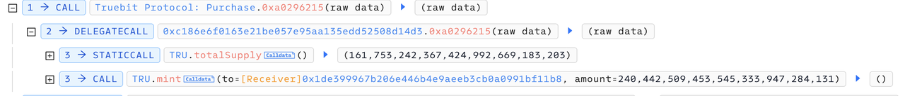 Function 0xa0296215 minting TRU tokens